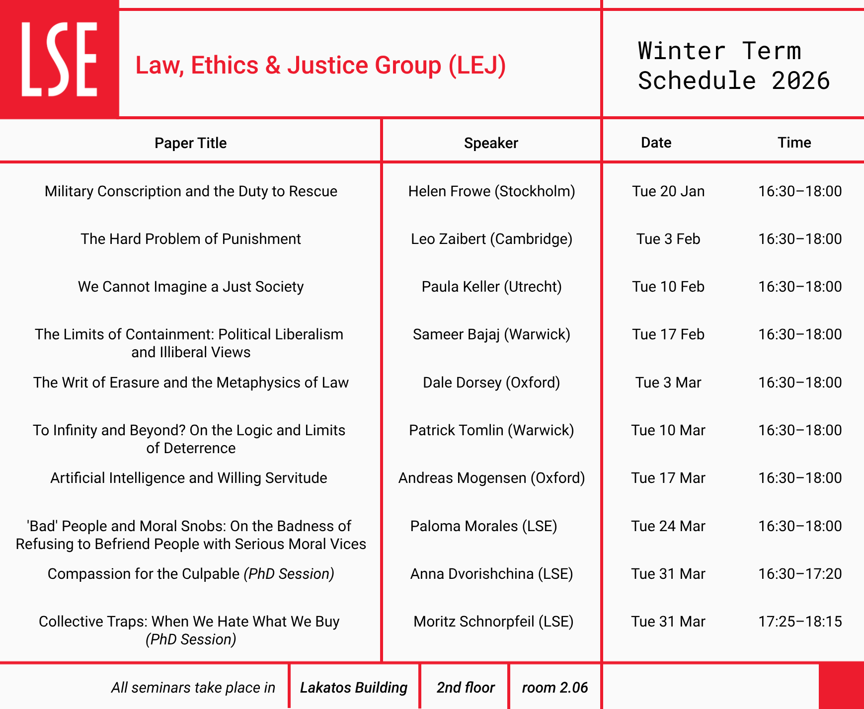 LEJ Schedule for Winter Term 2026