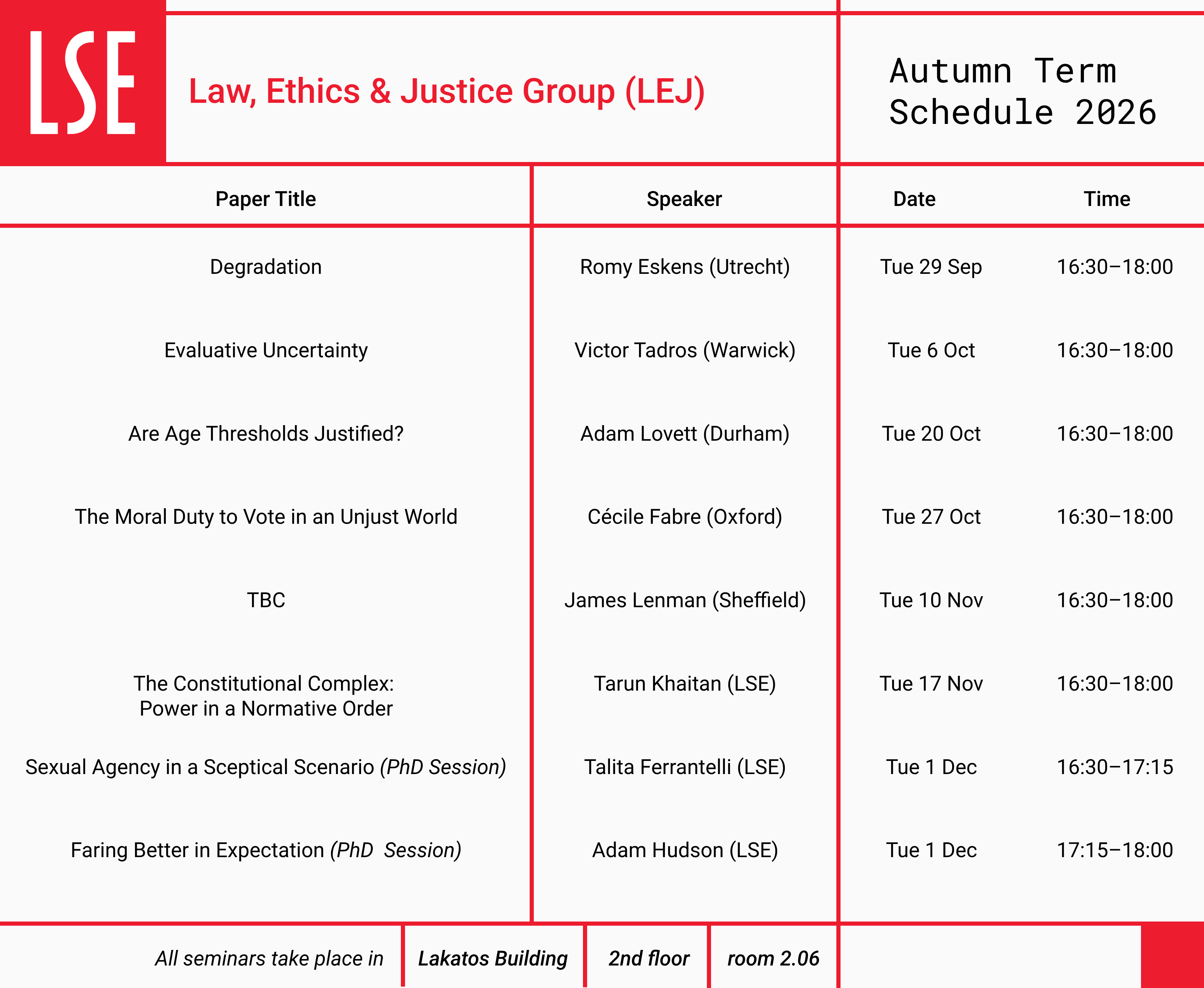 LEJ Schedule for Autumn Term 2026