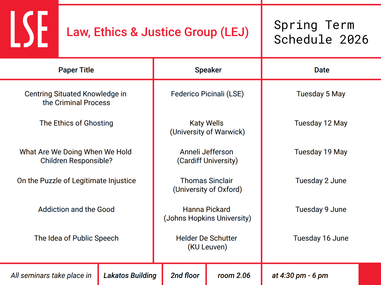 LEJ Schedule for Spring Term 2026